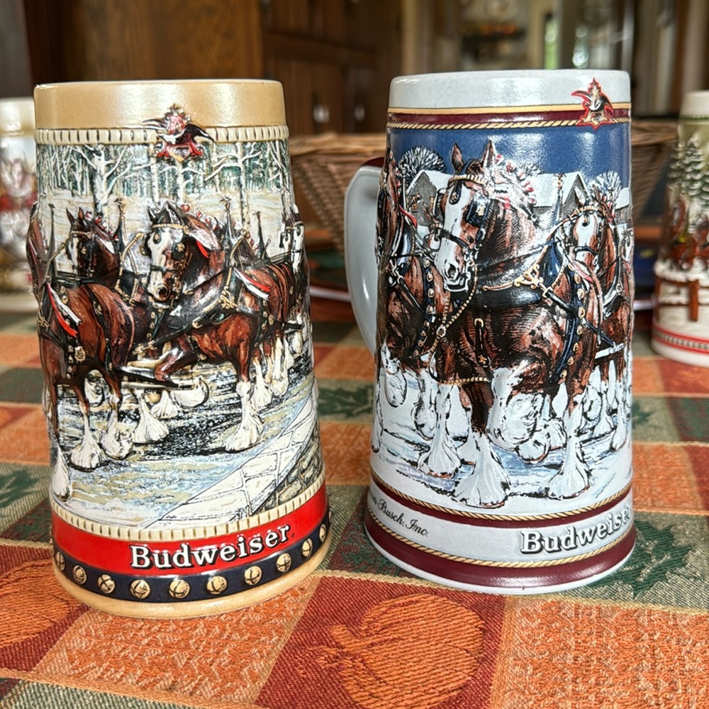Budweiser Clydesdale holiday beer steins - VINTAGE - set of 2 - 1988 and 1989